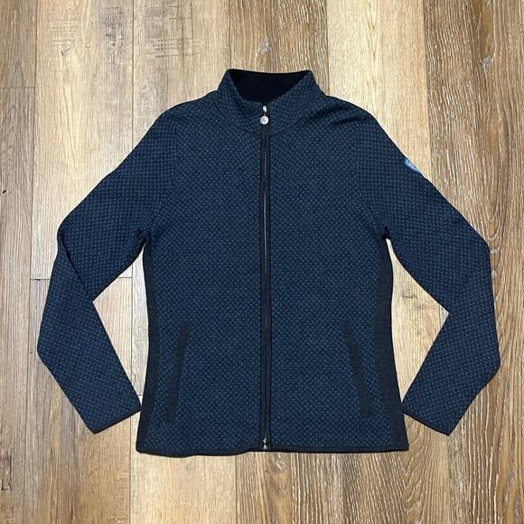Eddie Bauer Merino Wool Full Zip Mock Neck Jacket Womens L Blue Tweed Academia - Picture 1 of 6